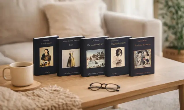 I delitti del Barlume: libri in ordine cronologico, una tazza di caffè e occhiali sul tavolo.