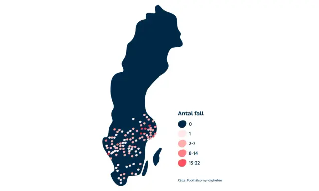 En karta över Sverige med prickar som visar antal fall. Mörka prickar indikerar noll fall, medan ljusare och rödare prickar visar fler fall.