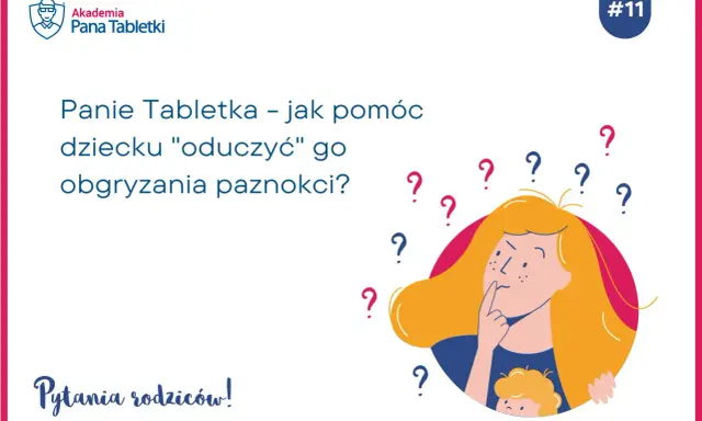 Domowy sposób na obgryzanie paznokci u dzieci? Ilustracja przedstawia zamyśloną kobietę otoczoną znakami zapytania, szukającą odpowiedzi na to pytanie.