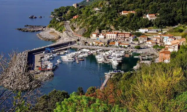 Maratea: un incantevole porto con barche ormeggiate, case colorate e vegetazione lussureggiante. Scopri cosa vedere nel suo centro storico.