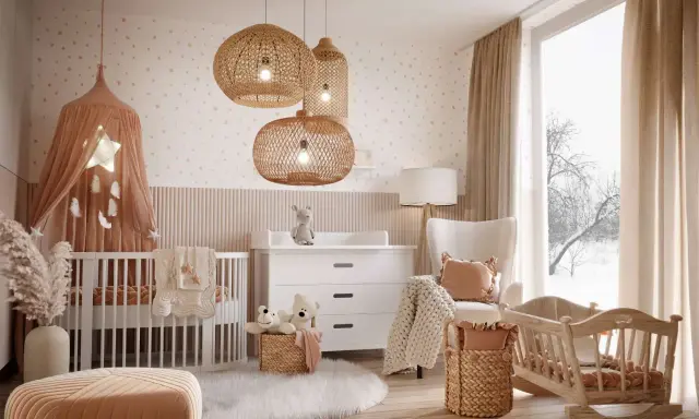 Przytulny, beżowy pokój dla niemowlaka z wiklinowymi lampami, łóżeczkiem i bujanym kołyskiem.