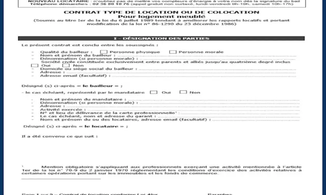 Document de contrat type pour comment faire un bail de location de logement meublé, avec sections pour désigner les parties (bailleur, locataire) et leurs informations.