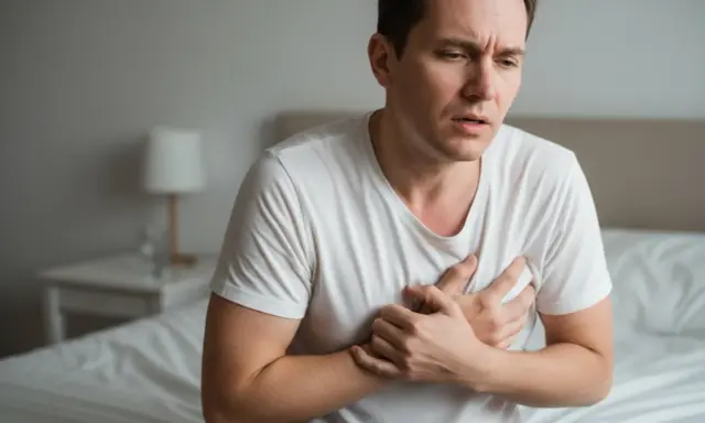 Mann mit schmerzverzerrtem Gesicht hält sich die Brust. Er leidet unter Brustbein Schmerzen.