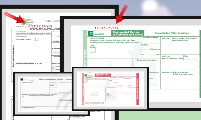 Varias recetas médicas españolas, algunas con sellos y números de identificación.