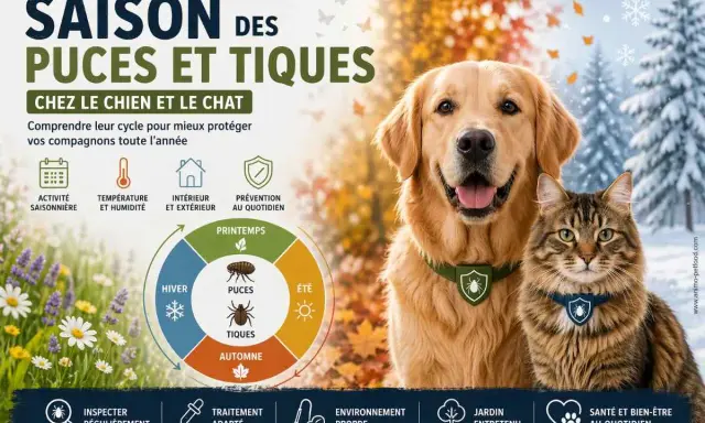 Un chien et un chat souriants, avec un schéma expliquant le cycle des puces et tiques selon les saisons. Protégez vos compagnons toute l'année !