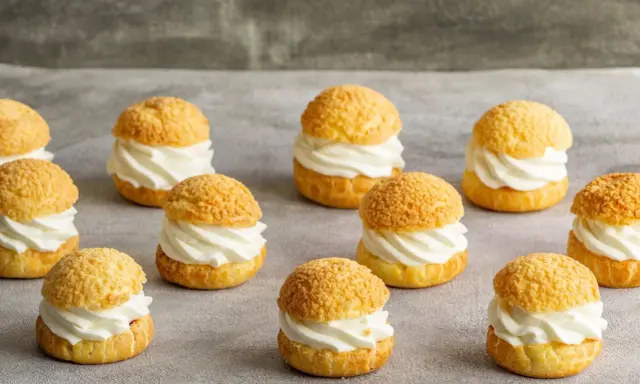 Douze petits choux garnis de crème fouettée, parfaits pour une recette pâte à choux réussie.