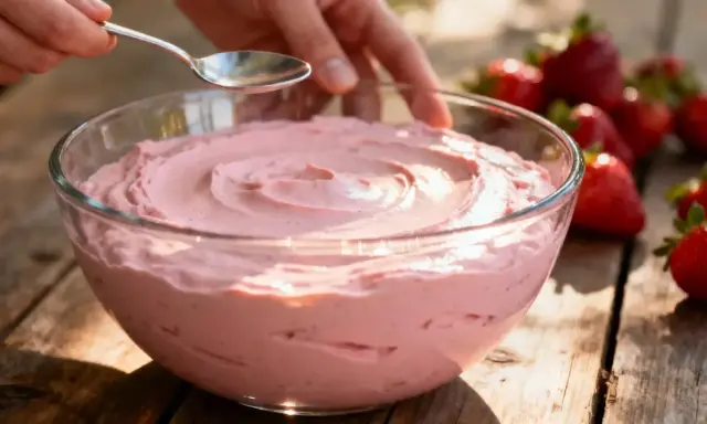 Bol de crème de fraises et mascarpone, avec des fraises fraîches sur le côté.