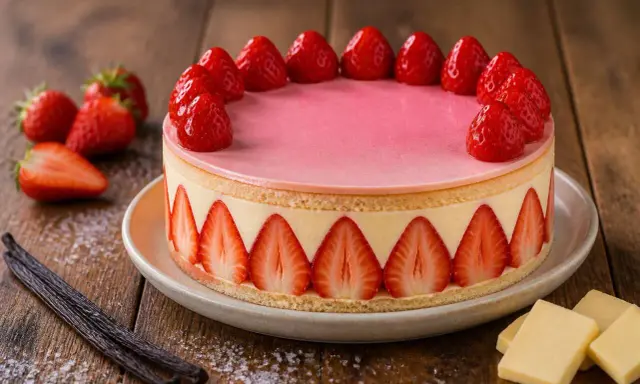 Gâteau rond avec un glaçage miroir fraise, décoré de fraises fraîches et de tranches de fraises sur le pourtour.