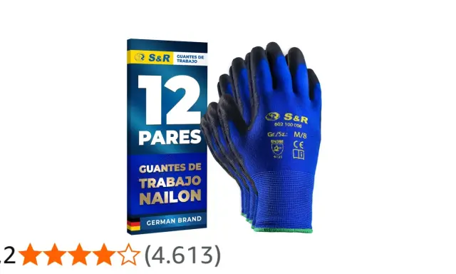 Pack de 12 pares de guantes de trabajo de nailon con recubrimiento de nitrilo. Protegen tus manos.