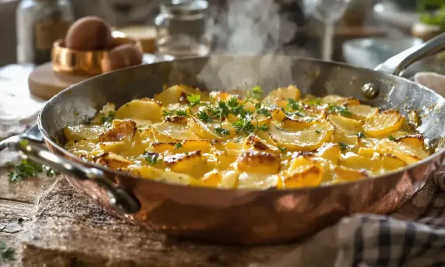 Un plat traditionnel auvergnat : des pommes de terre coupées en fines rondelles, dorées et fumantes dans une poêle en cuivre, garnies de persil frais.