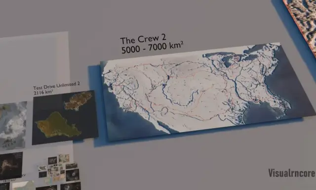 Mapa gry The Crew 2, porównująca jej ogromną powierzchnię z innymi grami. Cała ekipa graczy może przemierzać te tereny.