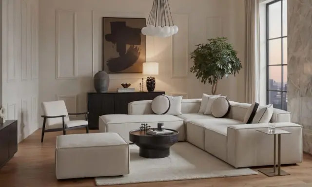 Un soggiorno con un divano componibile bianco, tavolino nero, poltrona e pouf. L'arredamento riflette uno stile contemporaneo casa, con un quadro astratto e una lampada di design.