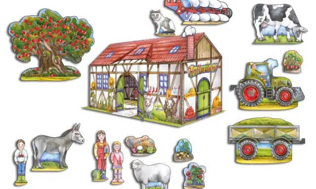 Bunte Bauernhof Bastelvorlagen mit Haus, Tieren, Traktor und Kindern. Perfekt für kleine Landwirte zum Spielen und Gestalten.