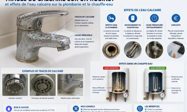 Robinet entartré par l'eau calcaire, un problème courant à Strasbourg. L'image montre les dépôts blancs et les effets sur la robinetterie et le chauffe-eau.