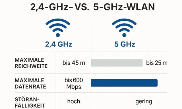 Vergleichstabelle: 2,4 GHz vs. 5 GHz WLAN. So kannst du die WLAN Frequenz herausfinden und die Unterschiede bei Reichweite, Datenrate und Störanfälligkeit erkennen.