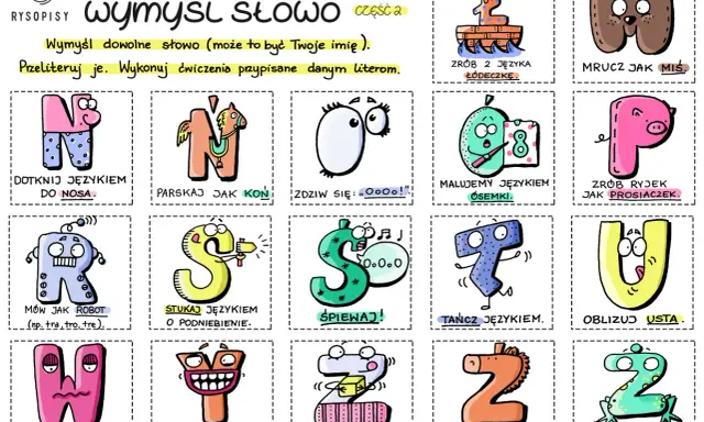 Ćwiczenia na seplenienie: litery N, K, O, M, P, R, S, Ś, T, U, W, Y, Z, Ż. Zabawy z językiem dla dzieci.