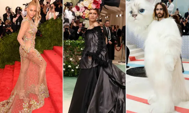 Beyoncé in sheer gown, Zendaya in black dress with floral hat, and Jared Leto in a cat costume.