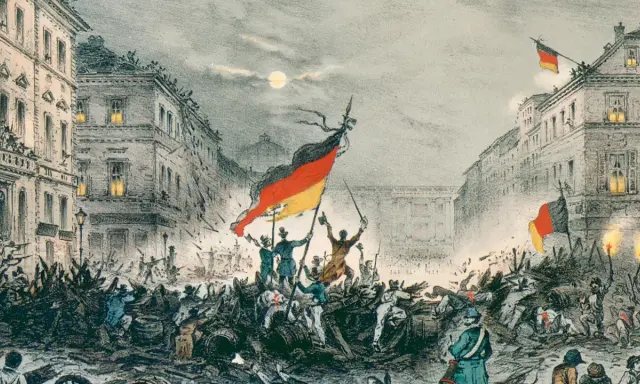 Straßenschlacht in Berlin 1848. Barrikaden, Aufständische mit Fahnen und Soldaten im Kampf. Die gegenrevolution 1848 ist im Gange.