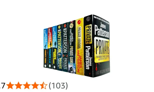 Una fila di libri della serie "Private" di James Patterson, disposti in ordine cronologico.