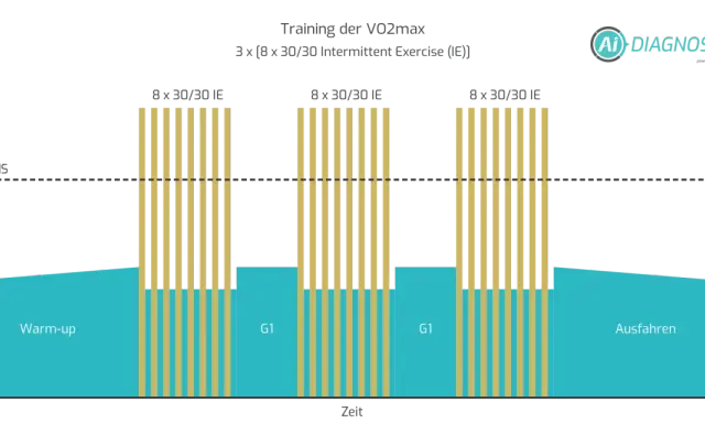 Diagramm zeigt ein VO2max-Training mit Aufwärmen, Intervalltraining (8x 30/30 IE) und Ausfahren.