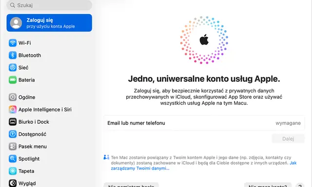 Ekran logowania do iCloud. Wpisz email lub numer telefonu, aby utworzyć nowe konto Apple i korzystać z usług chmury.
