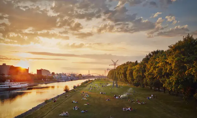 Sonnenuntergang an der Neckarwiese Mannheim. Menschen entspannen im Gras, während die Sonne hinter Industriegebäuden untergeht.
