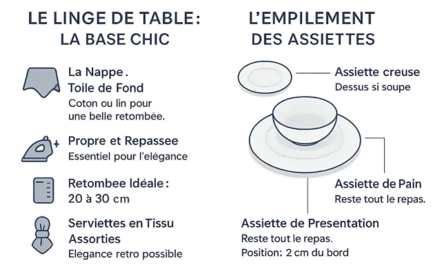 L'art de la table en France : conseils pour la nappe, les serviettes et l'empilement des assiettes pour une présentation élégante.