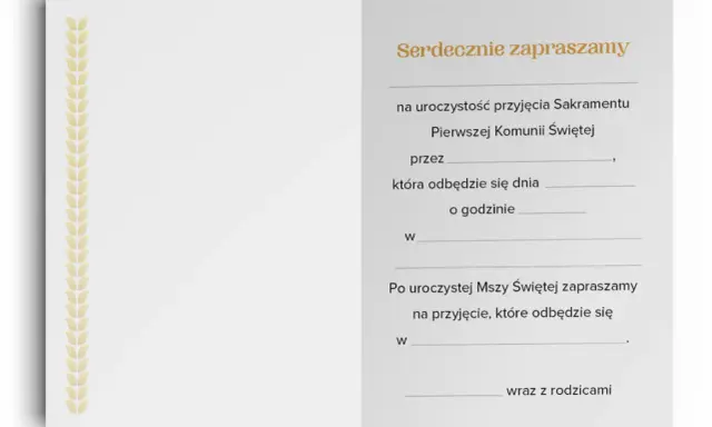 Szablon zaproszenia na komunię. Tekst informuje, jak wypisać zaproszenia na komunię, podając datę, godzinę i miejsce uroczystości.