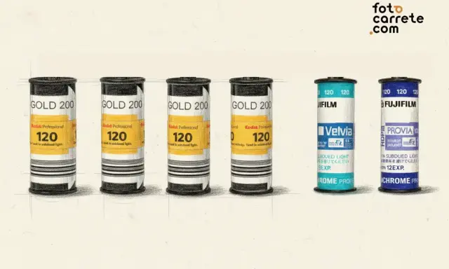 Seis carretes de película fotográfica: tres Kodak Gold 200, dos Fujifilm Velvia y Provia. Cada uno indica 120 y cuántas fotos tiene un carrete.