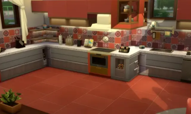 Nowoczesna kuchnia z czerwonymi szafkami i płytkami. Czas debug the Sims 4, by wszystko działało idealnie.