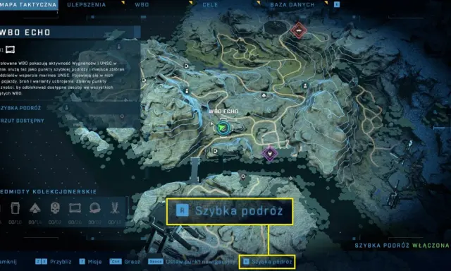 Mapa taktyczna z gry halo, pokazuje punkty WBO i opcję szybkiej podróży.