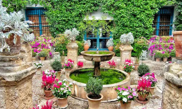 Cortile fiorito con fontana, ideale dove andare in primavera per ammirare la bellezza della natura.
