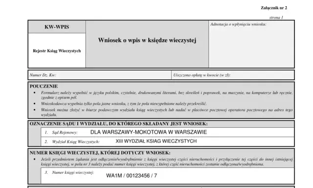 Formularz wniosku o wpis do księgi wieczystej. Wniosek dotyczy wykreślenia z księgi wieczystej nieruchomości.