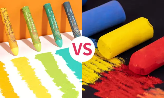 Comparaison de pastels à l'huile et de pastels secs. Des bâtonnets de couleurs vives sont présentés avec des échantillons de traits sur papier.