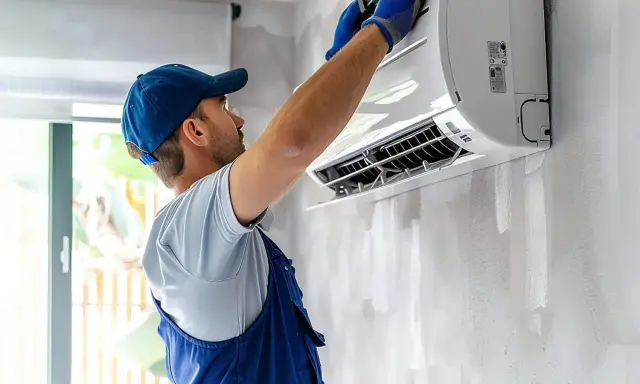 Technicien en bleu ajustant un évaporateur clim mural.