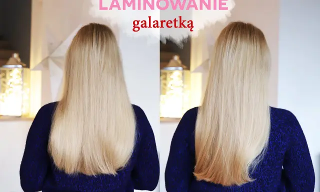 Efekt lśniących włosów po laminowaniu galaretką. Dwa ujęcia tej samej blond fryzury, porównanie przed i po zabiegu.