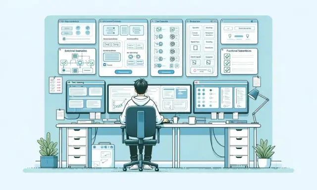 Programista pracuje nad test scenario, analizując dane na wielu monitorach.