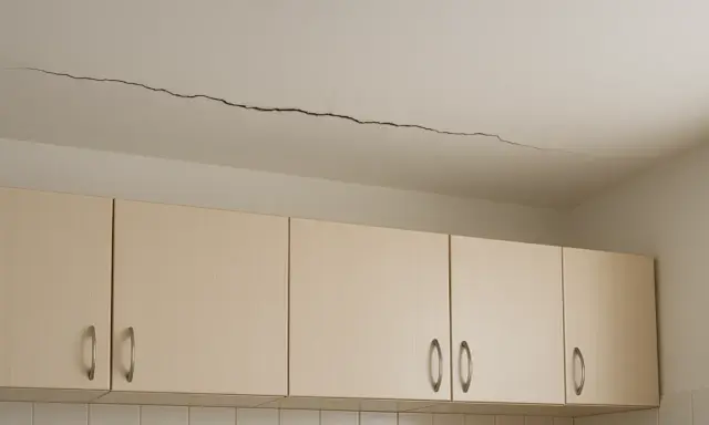 Długie pęknięcie na suficie nad jasnymi szafkami kuchennymi. Wygląda, jakby krzywe ściany zaczęły się odsuwać.