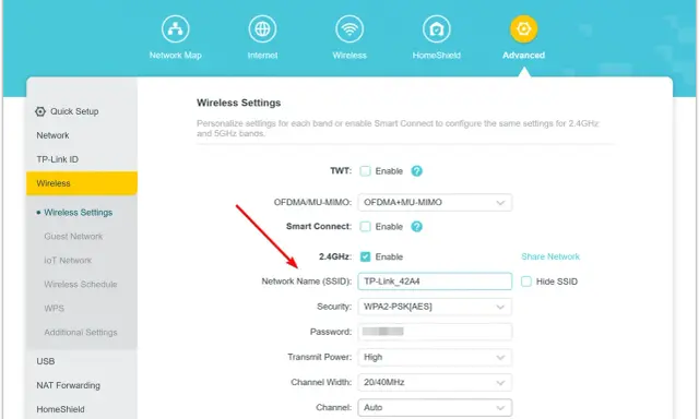 Wo finde ich die SSID? Im Menü "Wireless Settings" unter "Network Name (SSID)" steht "TP-Link_42A4".