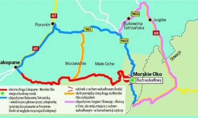 Mapa pokazuje trasę z Zakopanego do Morskiego Oka. Zaznaczono objazdy i odcinek z ruchem wahadłowym.