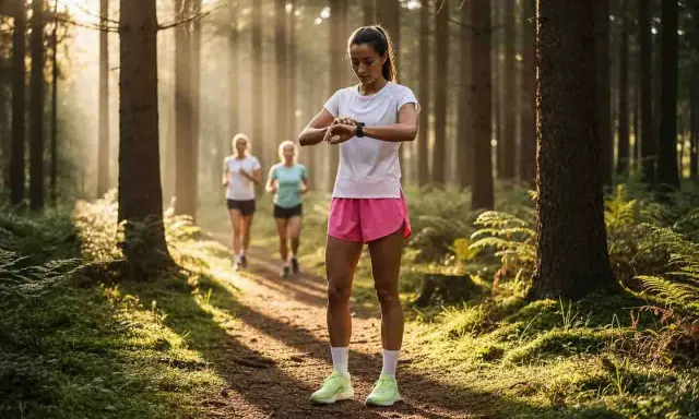 Frauen joggen im Wald und prüfen ihre Smartwatch, um zu sehen, wie oft sie in der Woche joggen.