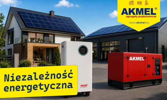 Dom z panelami słonecznymi, biały magazyn energii i czerwony agregat prądotwórczy AKMEL. Dowiedz się, jak wytworzyć prąd i osiągnąć niezależność energetyczną.