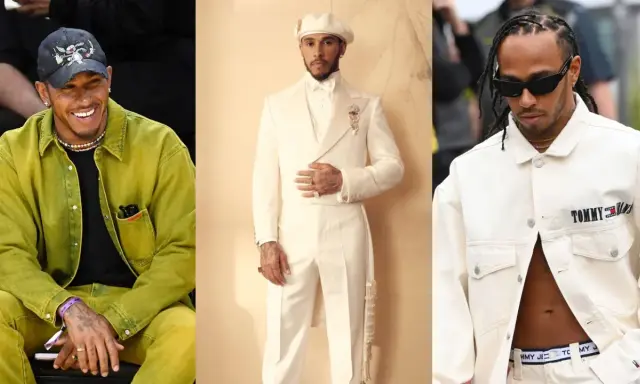Lewis Hamilton showcases his bold Lewis Hamilton fashion sense in three distinct looks: a vibrant lime green outfit, a sharp cream suit with a beret, and a casual cream jacket with sunglasses.