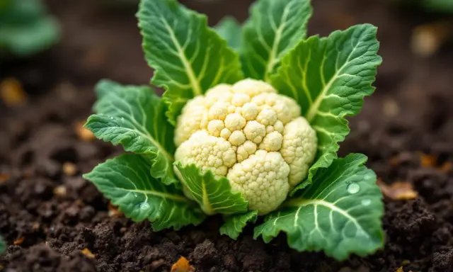 Un chou-fleur blanc et frais, prêt à être récolté, pousse dans la terre. La saison du chou-fleur est là !