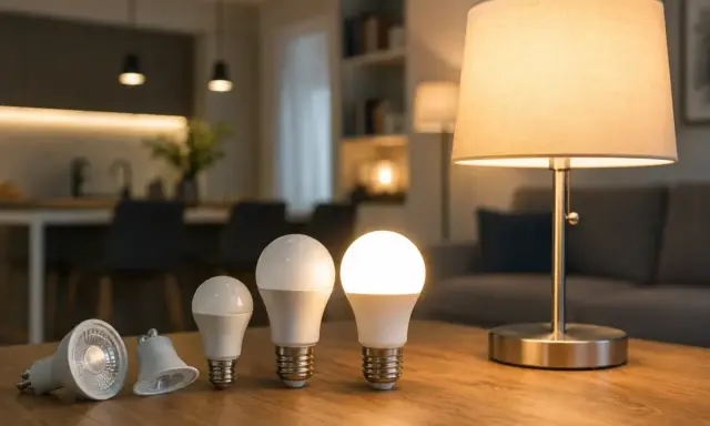 Różne żarówki LED na drewnianym stole. Czy 3000 lumenów to dużo? Obok stoi zapalona lampka stołowa.