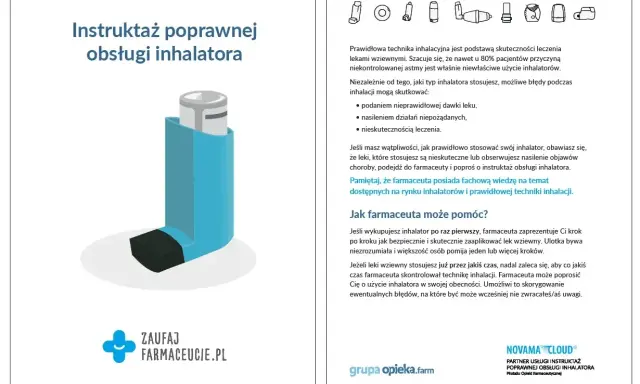 Instruktaż poprawnej obsługi inhalatora. Prawidłowa technika jest kluczowa, by leki wziewne działały. Zapytaj farmaceutę, **na co** zwrócić uwagę przy astmie.