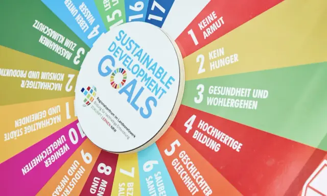 Die "Global Goals" (Nachhaltigkeitsziele) sind ein Kreisdiagramm mit 17 Zielen für eine bessere Welt, wie z.B. kein Hunger und Klimaschutz.