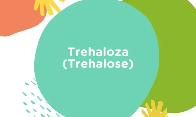 Kolorowe kształty na białym tle. Na turkusowym okręgu napis: Trehaloza (Trehalose).