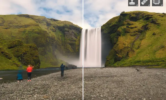Cascada islandesa con efecto seda, como si se hubiera usado un **tampon de clonar** para suavizar el agua.