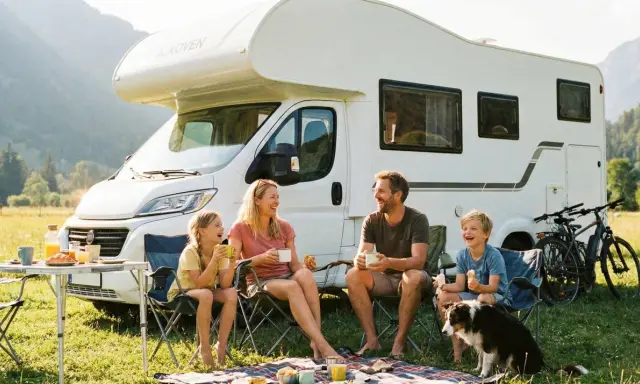 Familjen njuter av en frukost i gräset vid husbilen. Ett perfekt sätt att campa med barn och skapa fina minnen.